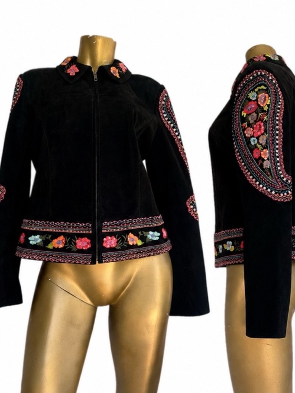 Y2K Vintage Scully Black Suede Leather Jacket Floral/Paisley Embroidered size L